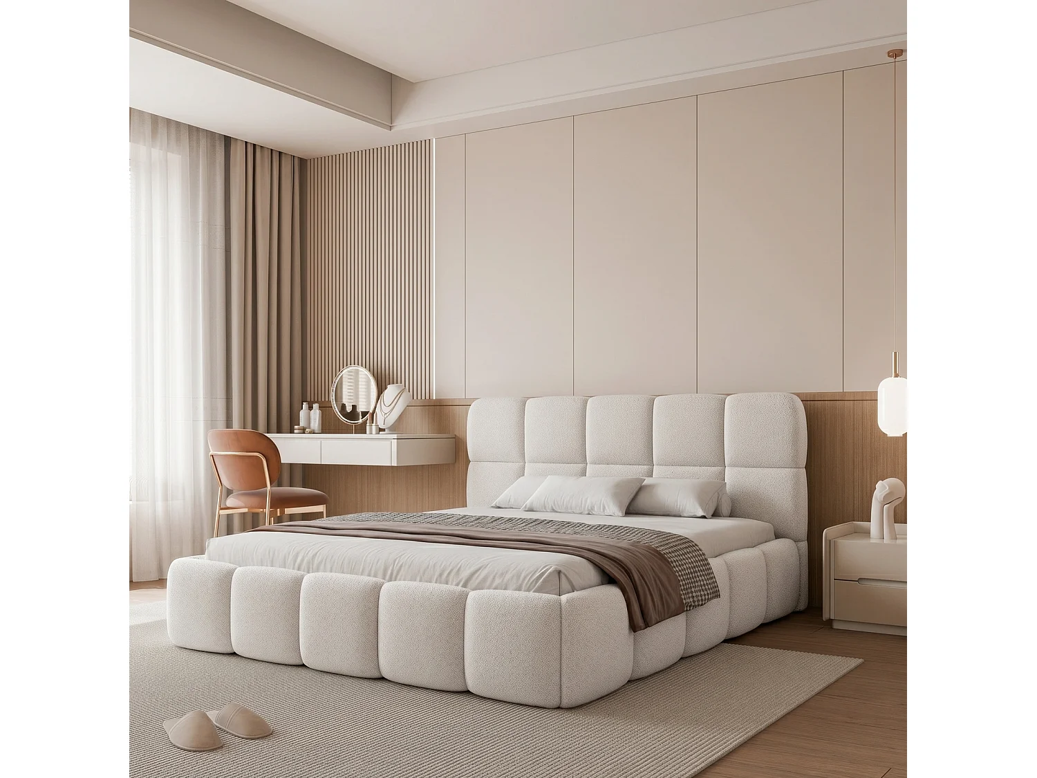 Lit Coffre 2 places CERETTO 140x200 cm avec Sommier à Lattes - Tissu Bouclé Blanc (Quelle 01)
