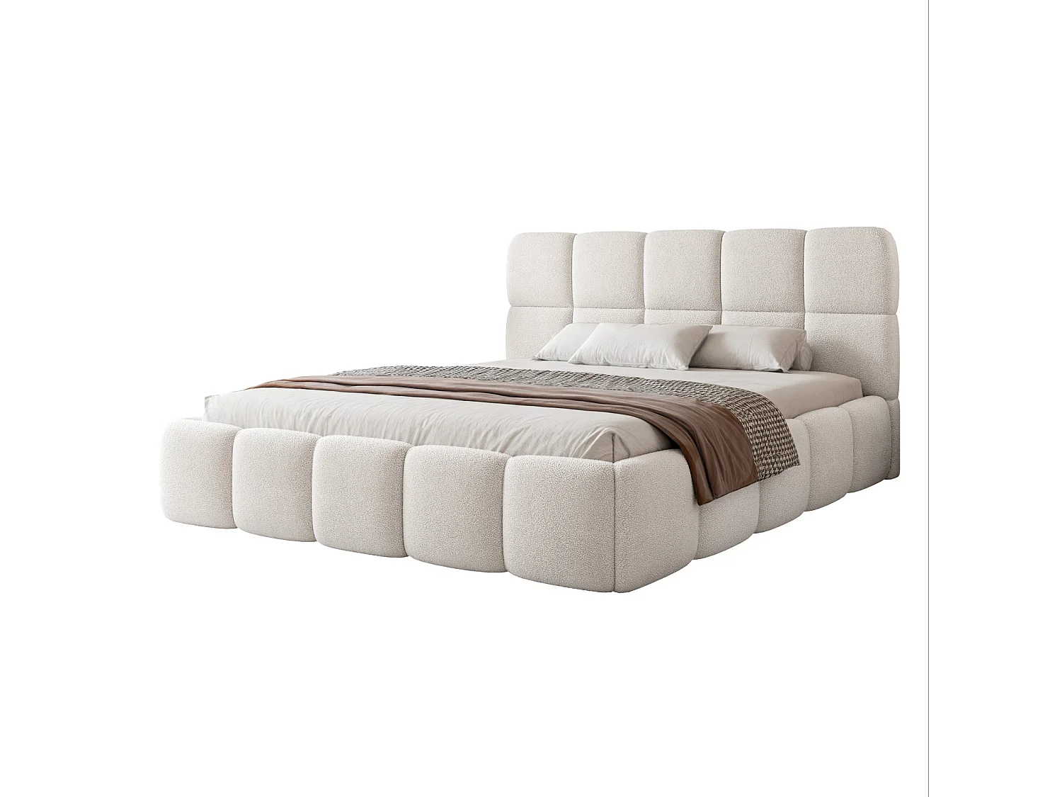 Lit Coffre 2 places CERETTO 140x200 cm avec Sommier à Lattes - Tissu Bouclé Blanc (Quelle 01)