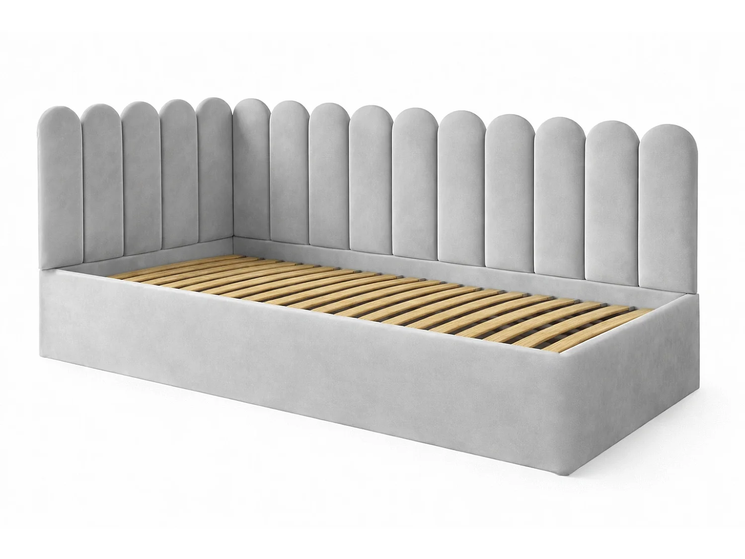 Lit Enfant et Ado Junior avec Panneaux Muraux Rembourrés - 120x200 cm - Velours Gris Clair - Coffre
