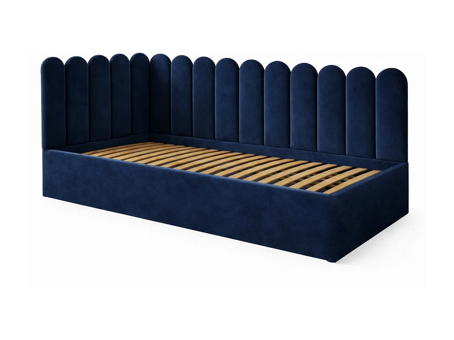 Lit Enfant et Ado Junior avec Panneaux Muraux Rembourrés - 90x200 cm - Velours Bleu Foncé - Coffre