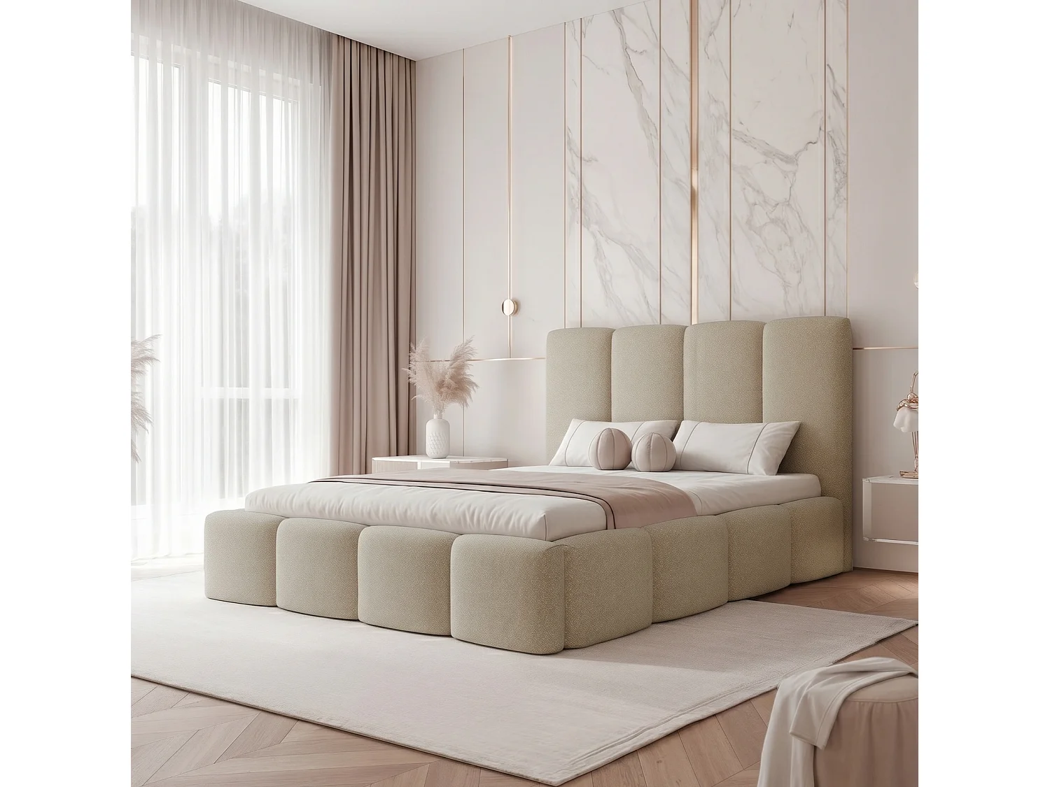 Lit Coffre 2 places LANDARE 140x200 cm avec Sommier à Lattes - Velours Beige (Melody 13)