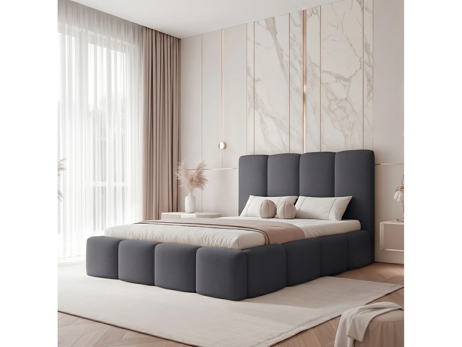 Lit Coffre XXL LANDARE 200x200 cm avec Sommier à Lattes - Velours Gris Foncé (Jasmine 96)