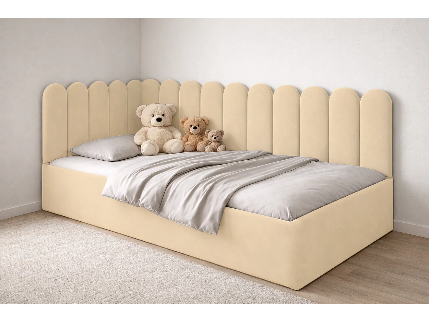 Lit Enfant et Ado Junior avec Panneaux Muraux Rembourrés - 80x200 cm - Velours Crème - Coffre
