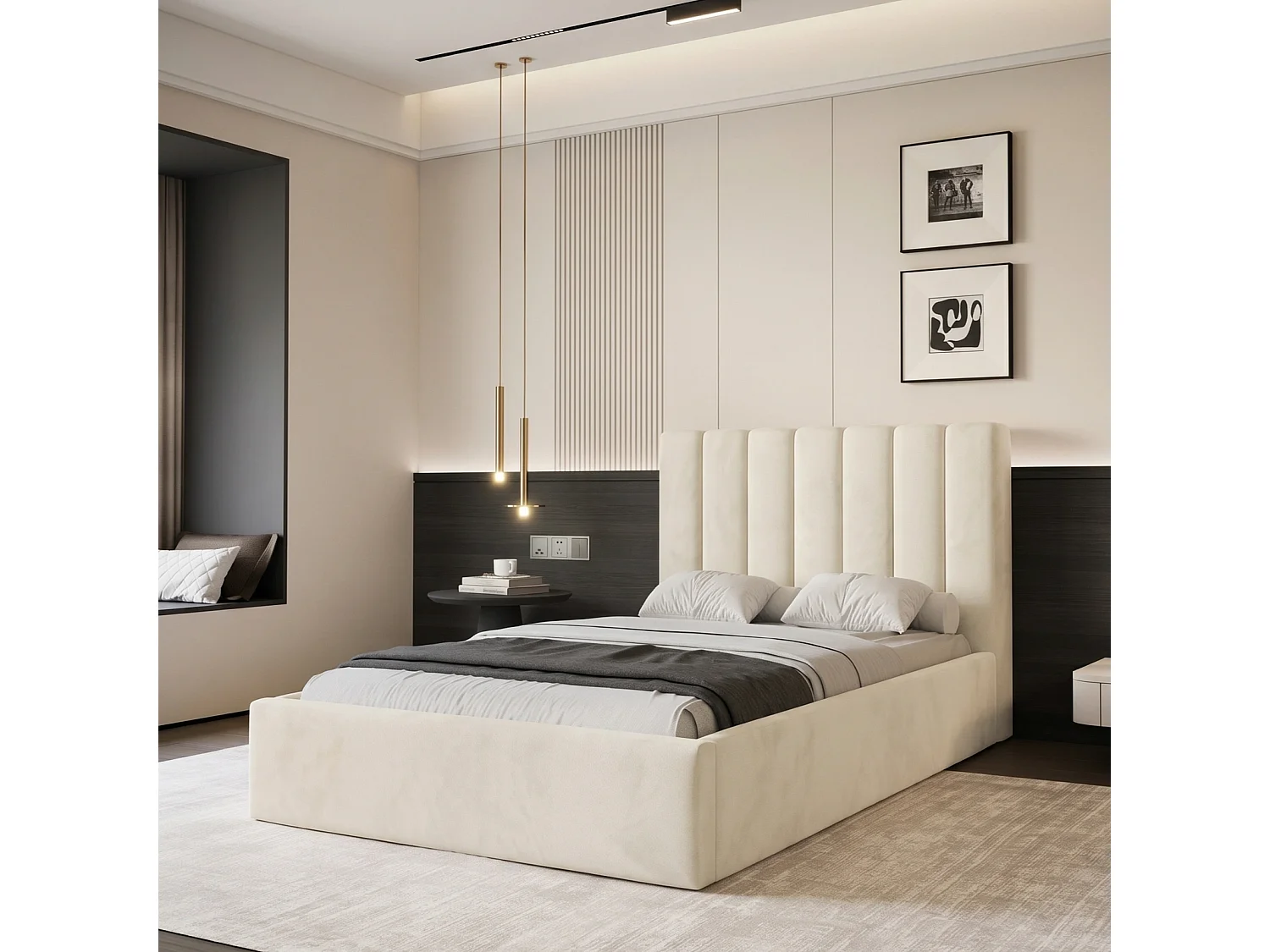 Lit Coffre 2 places CIERO 140x200 cm avec Sommier à Lattes - Velours Crème (Magic Velvet)