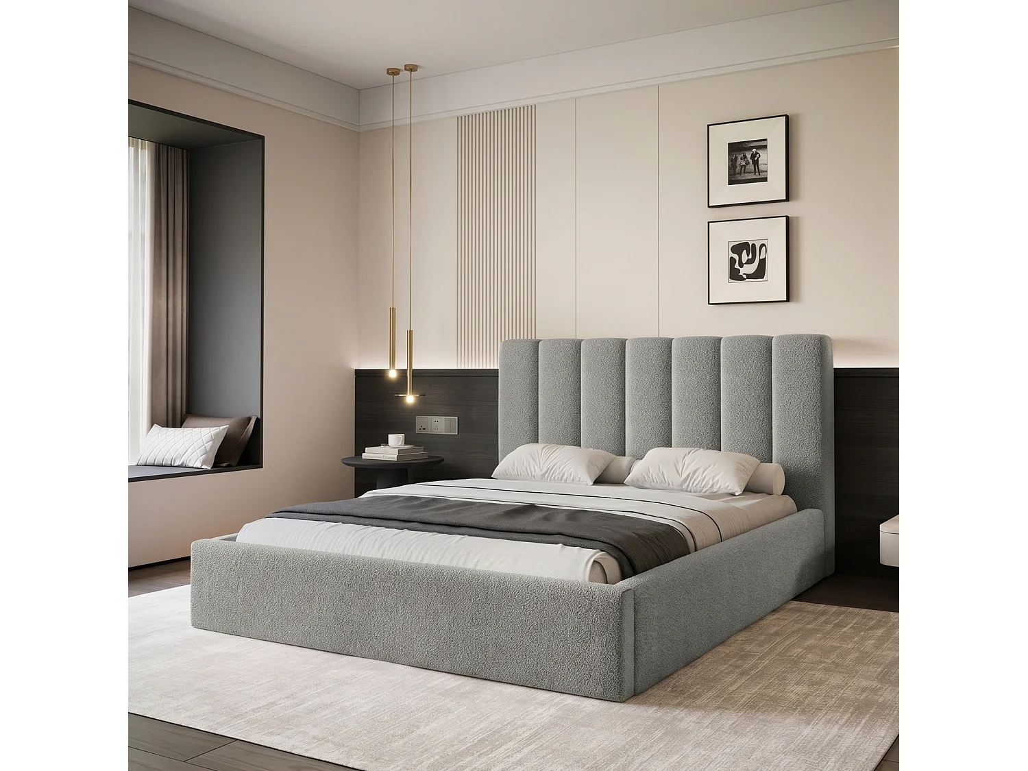 Lit Coffre 2 places CIERO 160x200 cm avec Sommier à Lattes - Tissu Bouclette Gris (Abriamo)