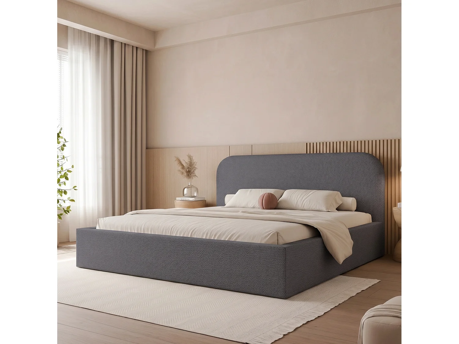 Lit Coffre King Size FUZZI 180x200 cm avec Sommier à Lattes - Tissu Texturé Bleu Gris Foncé (Lumi 71)