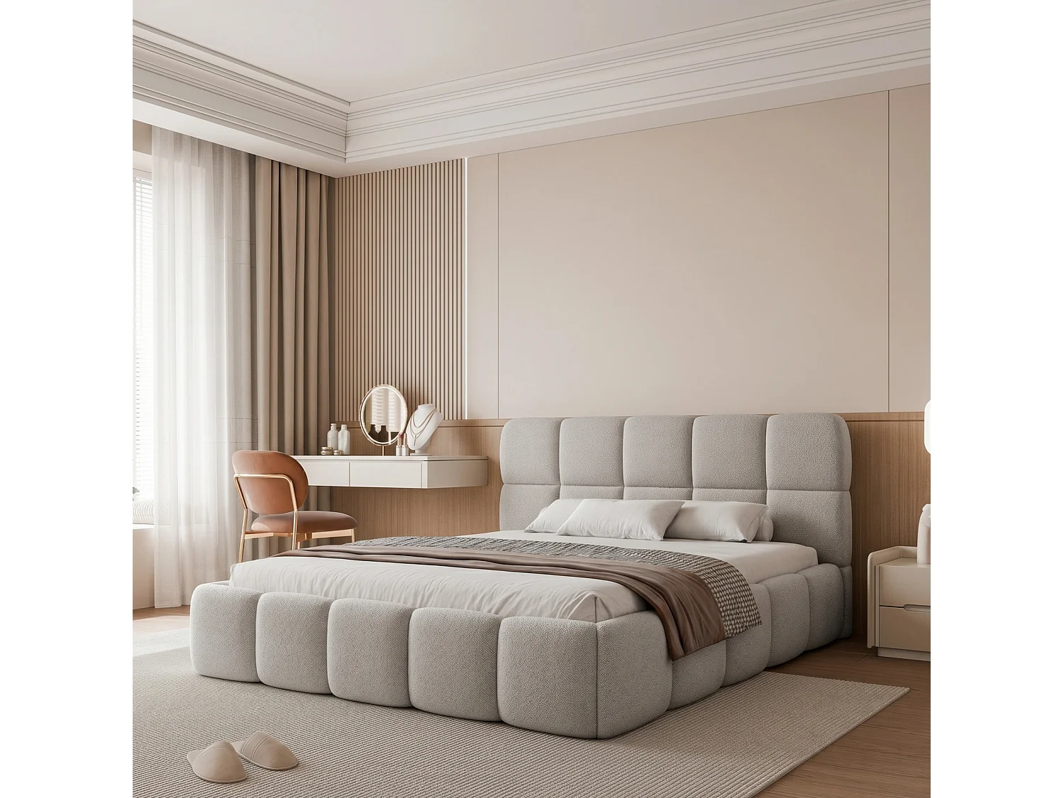 Lit Coffre 2 places CERETTO 160x200 cm avec Sommier à Lattes - Tissu Bouclé Gris Cendré Clair (Quelle 83)