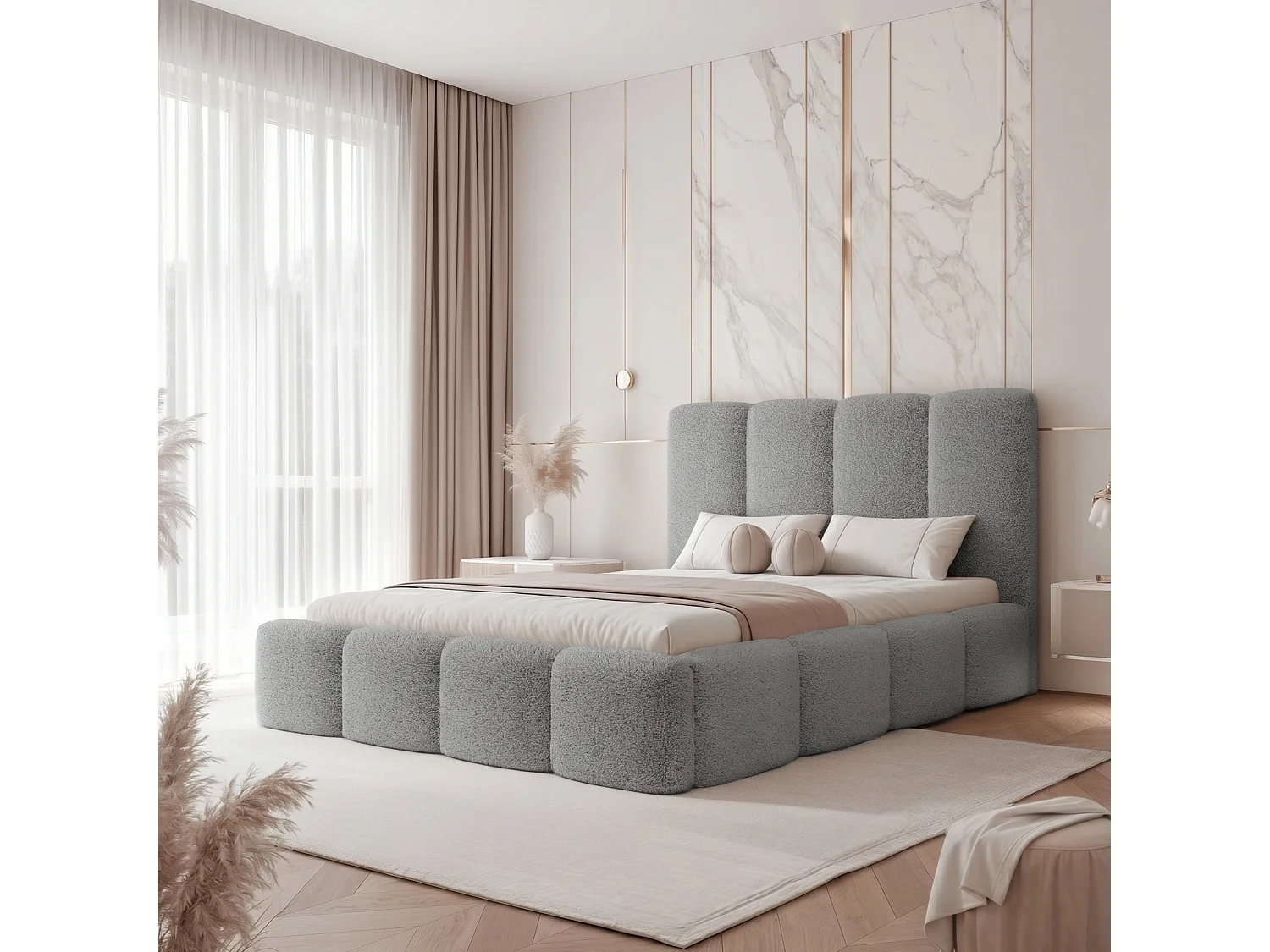 Lit Coffre King Size LANDARE 180x200 cm avec Sommier à Lattes - Tissu Bouclé Gris Clair (Coral 75)