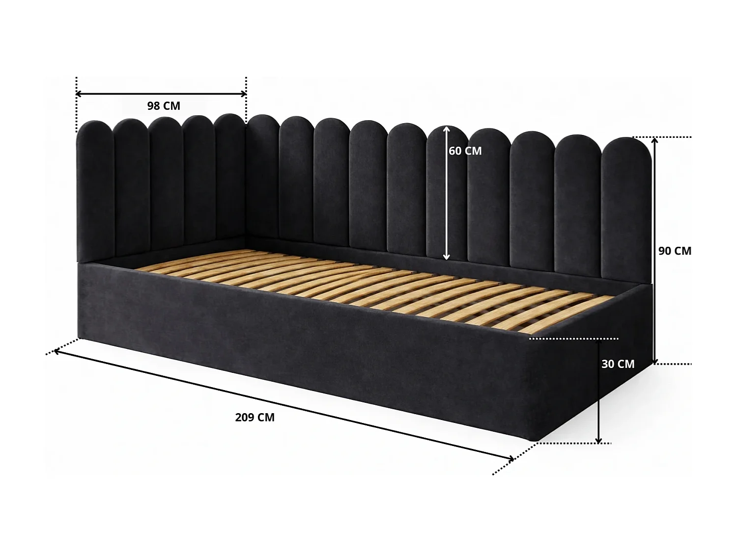 Lit Enfant et Ado Junior avec Panneaux Muraux Rembourrés - 120x200 cm - Velours Noir - Coffre