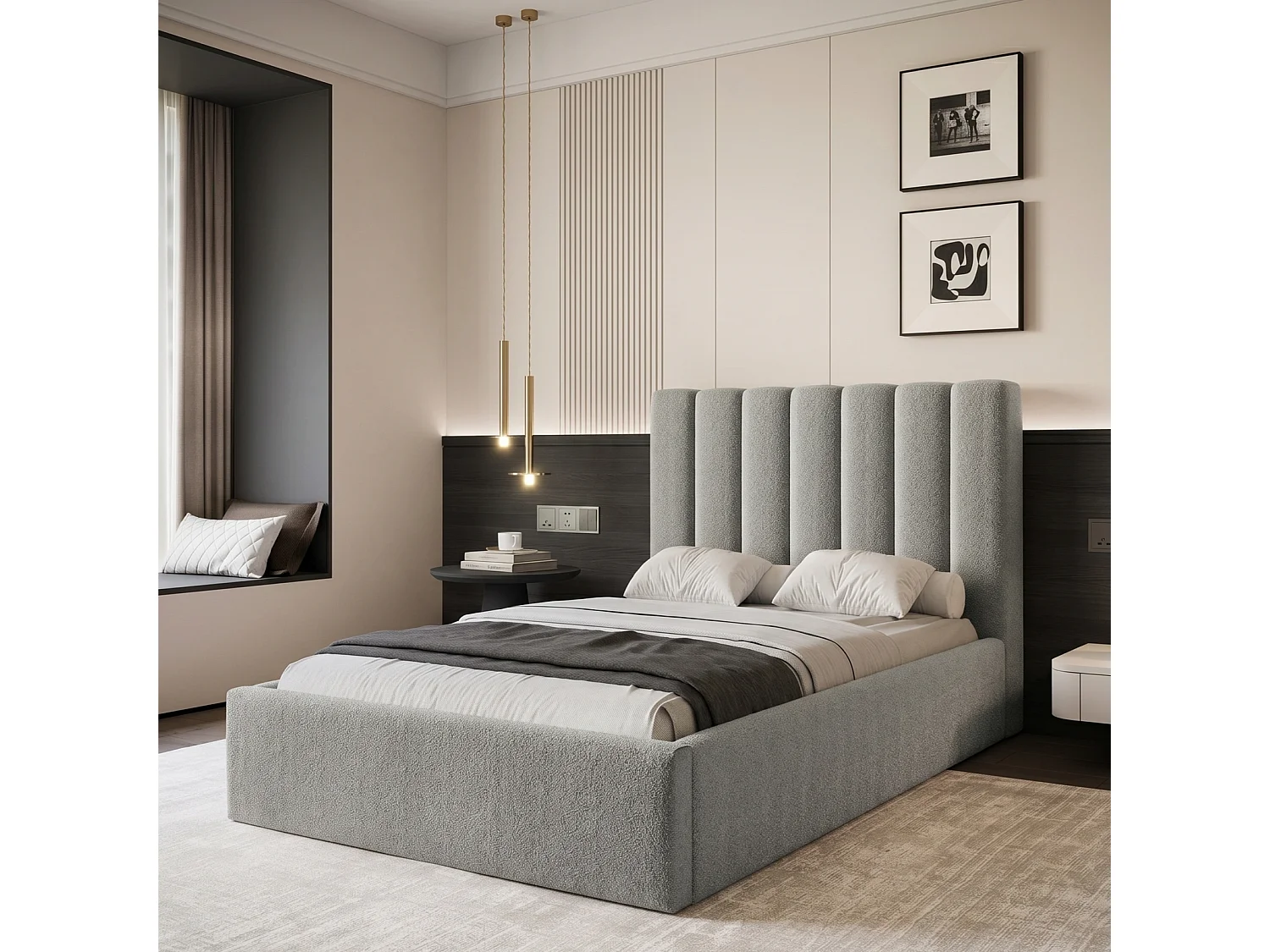 Lit Coffre CIERO 120x200 cm avec Sommier à Lattes - Tissu Bouclette Gris (Abriamo)