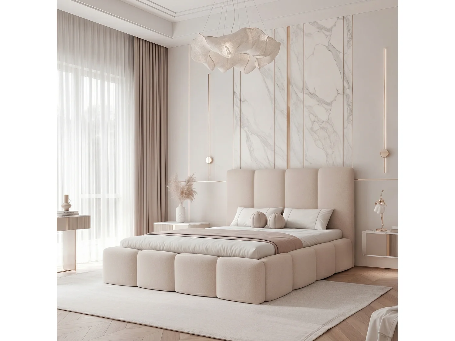 Lit Coffre XXL LANDARE 200x200 cm avec Sommier à Lattes - Velours Beige Glacé (Jasmine 21)