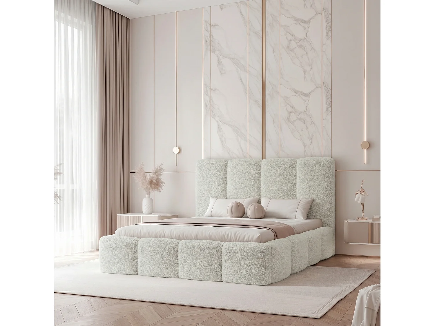 Lit Coffre 2 places LANDARE 160x200 cm avec Sommier à Lattes - Tissu Bouclé Crème (Coral 15)