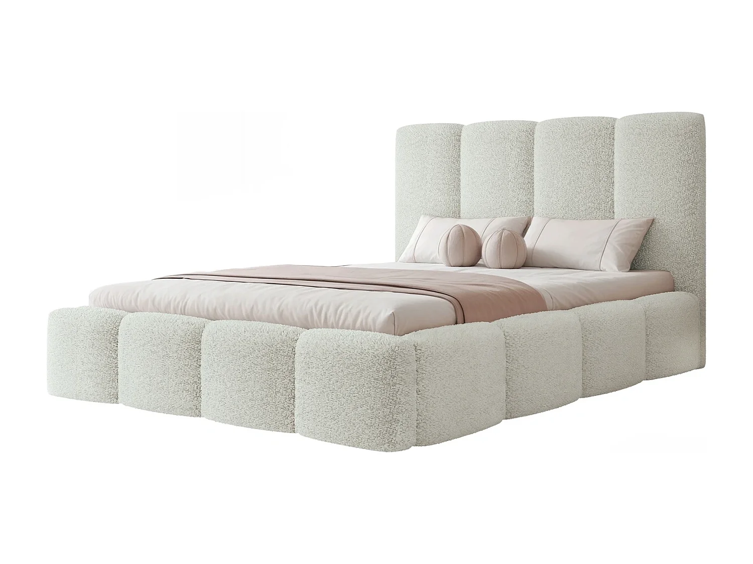 Lit Coffre 2 places LANDARE 160x200 cm avec Sommier à Lattes - Tissu Bouclé Crème (Coral 15)