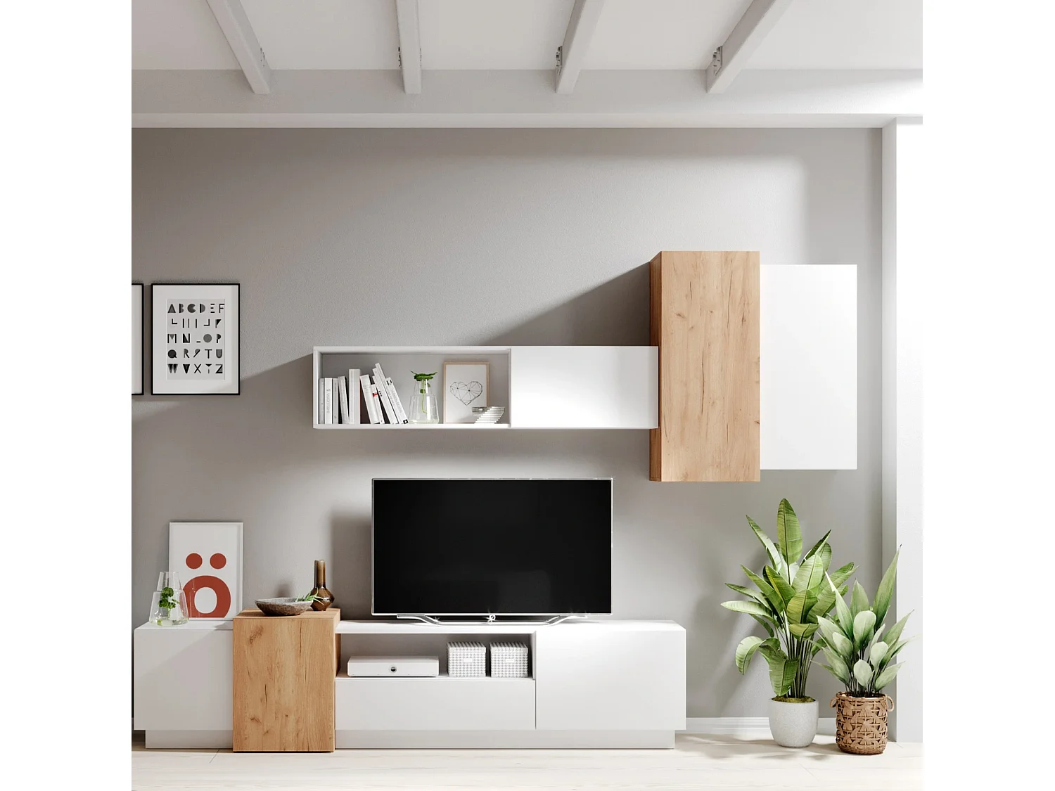 Wohnwand Viano mit Push-to-Open System - Weiß / Eiche Craft Gold