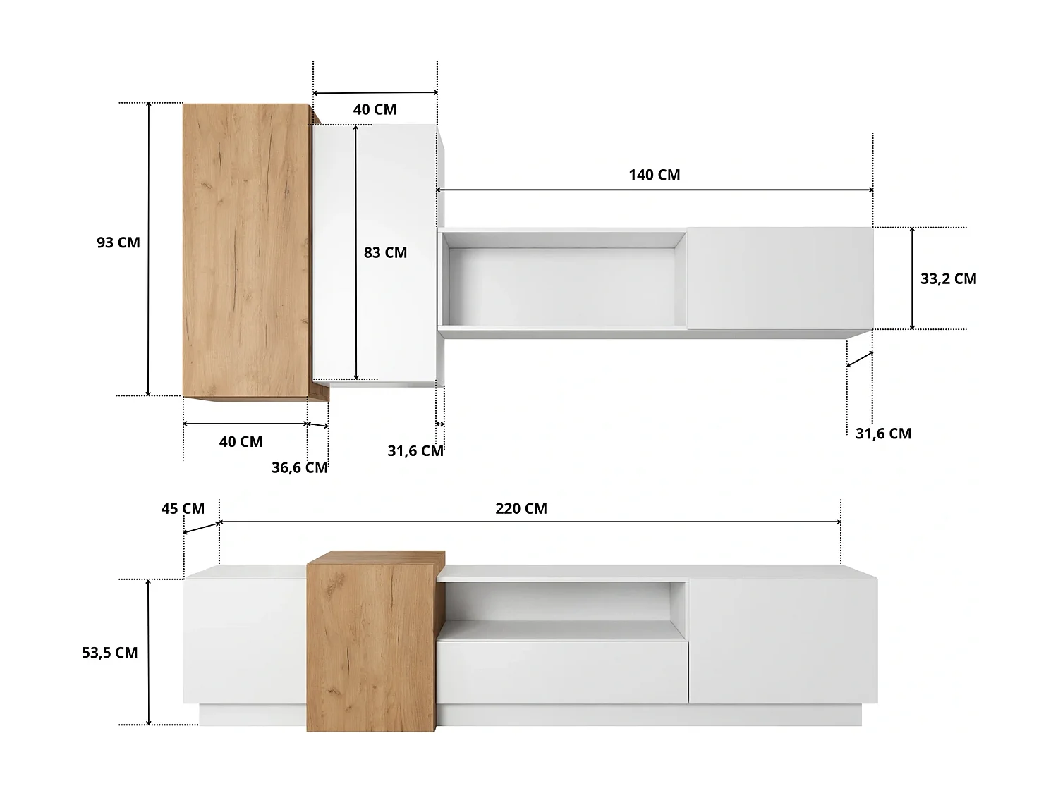 Wohnwand Viano mit Push-to-Open System - Weiß / Eiche Craft Gold