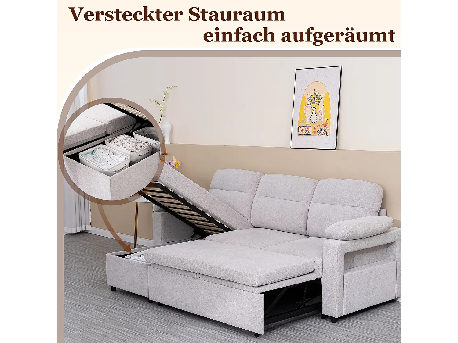 Reversibles 4-Sitzer-Ecksofa aus grauem Stoff mit Handyhalter – Komfort und Funktionalität