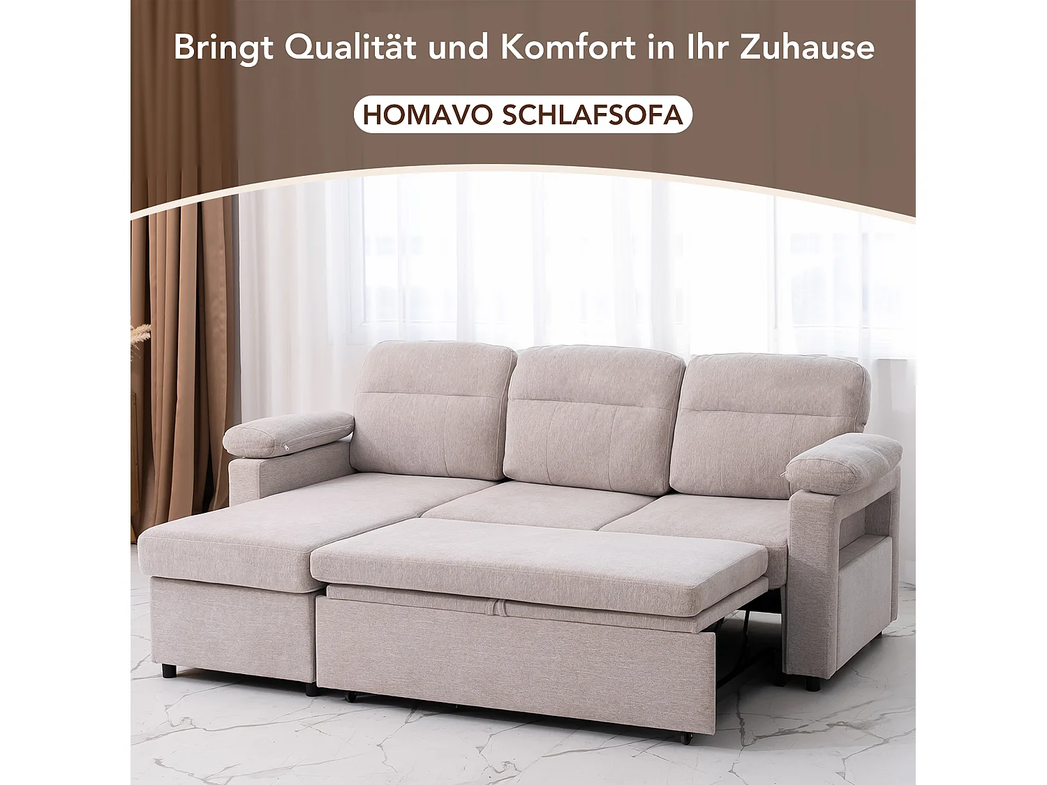 Reversibles 4-Sitzer-Ecksofa aus grauem Stoff mit Handyhalter – Komfort und Funktionalität