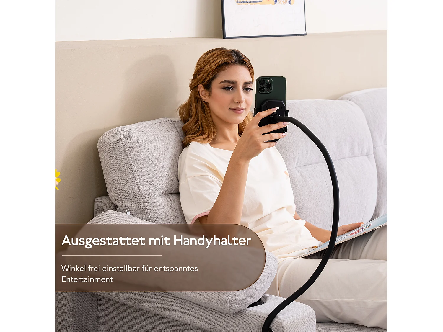 Reversibles 4-Sitzer-Ecksofa aus grauem Stoff mit Handyhalter – Komfort und Funktionalität
