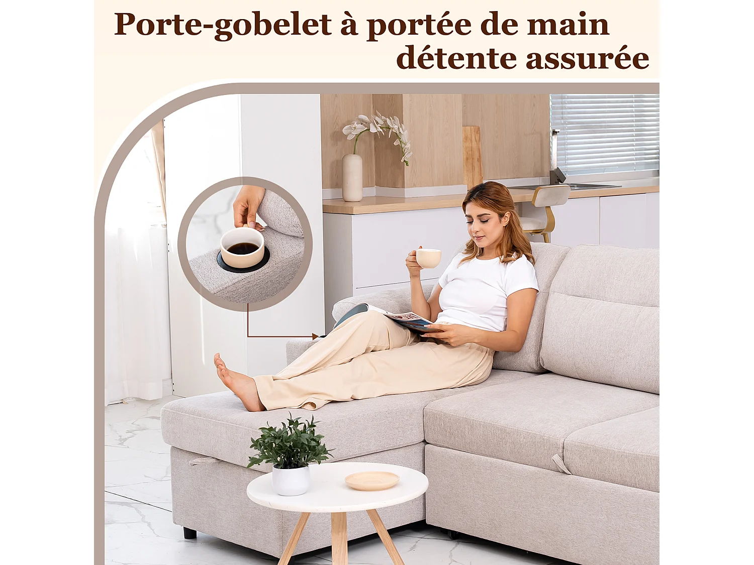 Reversibles 4-Sitzer-Ecksofa aus grauem Stoff mit Handyhalter – Komfort und Funktionalität