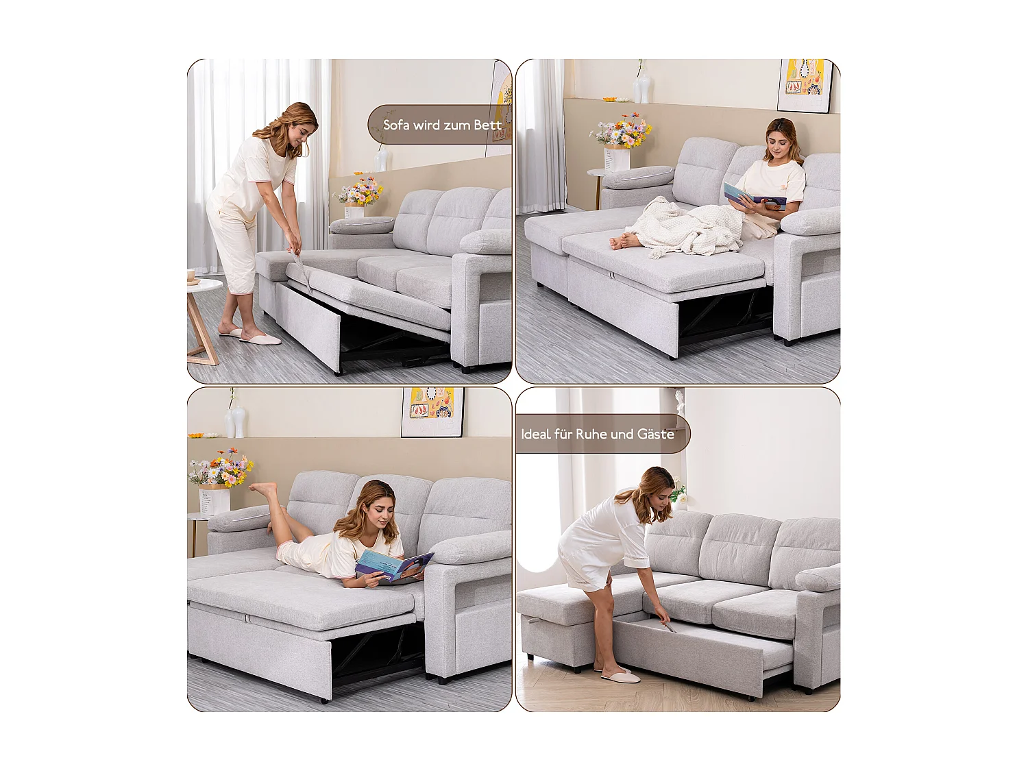 Reversibles 4-Sitzer-Ecksofa aus grauem Stoff mit Handyhalter – Komfort und Funktionalität