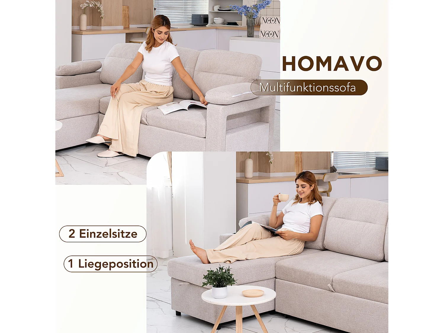 Reversibles 4-Sitzer-Ecksofa aus grauem Stoff mit Handyhalter – Komfort und Funktionalität