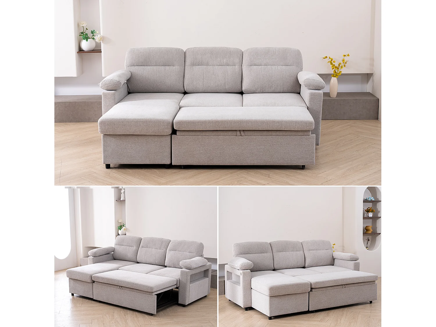 Reversibles 4-Sitzer-Ecksofa aus grauem Stoff mit Handyhalter – Komfort und Funktionalität