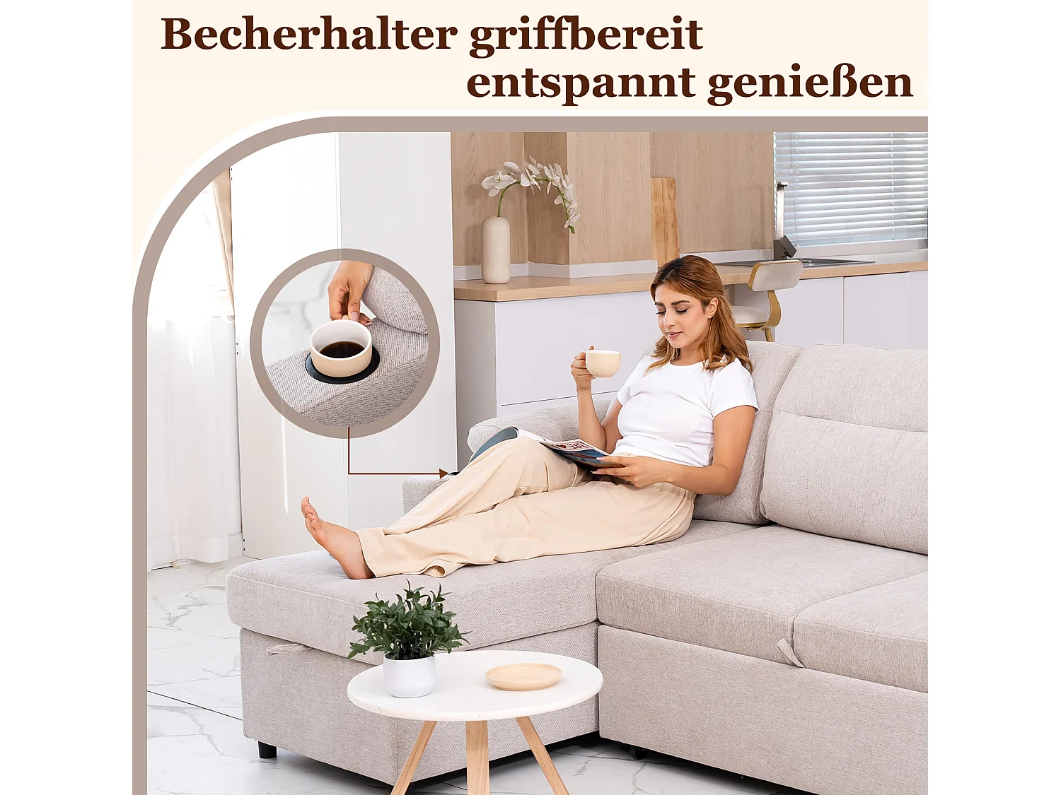 Canapé d’angle réversible 4places en tissu gris avec porte-téléphone – confort et praticité