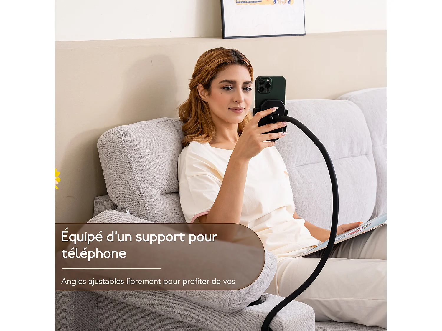 Canapé d’angle réversible 4places en tissu gris avec porte-téléphone – confort et praticité