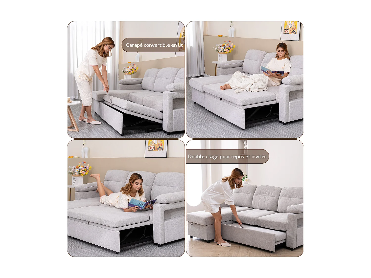 Canapé d’angle réversible 4places en tissu gris avec porte-téléphone – confort et praticité