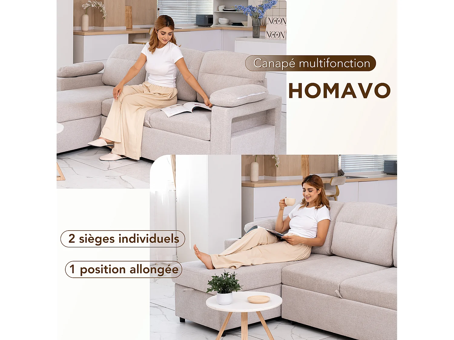 Canapé d’angle réversible 4places en tissu gris avec porte-téléphone – confort et praticité