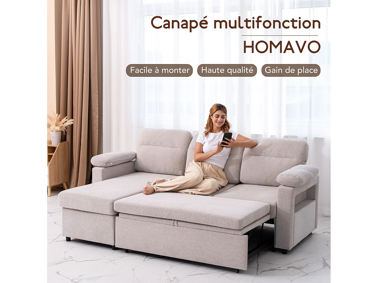 Canapé d’angle réversible 4places en tissu gris avec porte-téléphone – confort et praticité