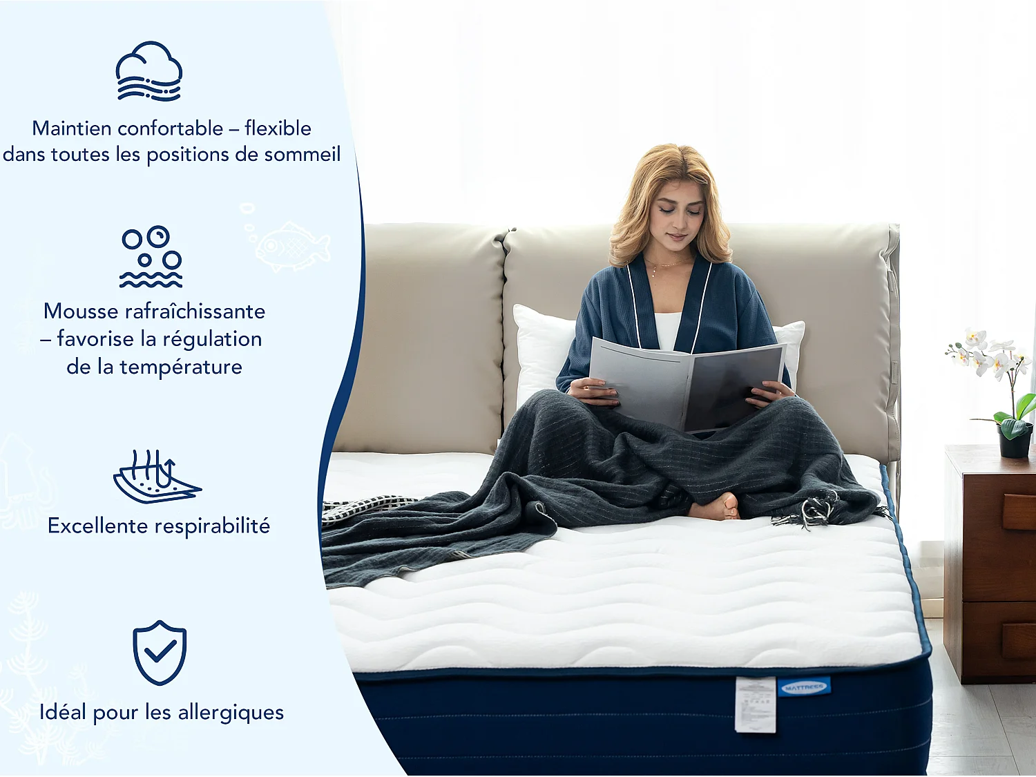 Matelas grand confort 150x200 cm – épaisseur 22 cm – 7 zones de confort – soutien équilibré