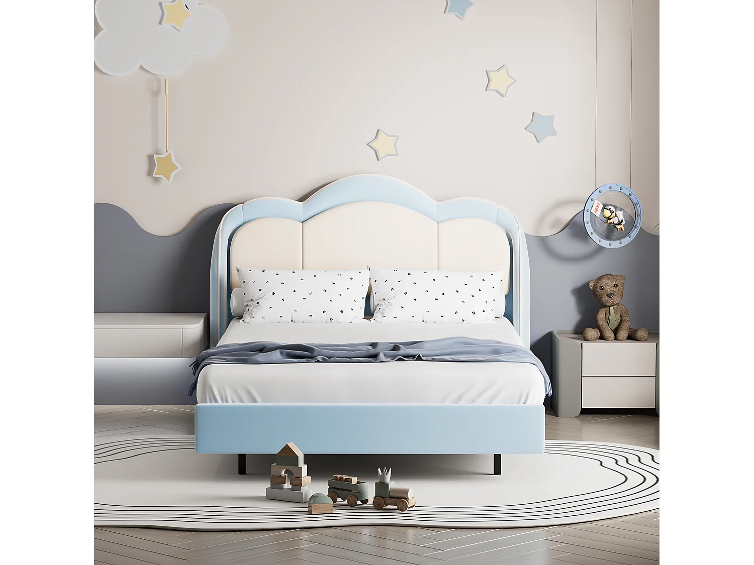 Lit enfant 140x200 cm rose, assemblage facile, avec LED multicolores, tête de lit nuage originale