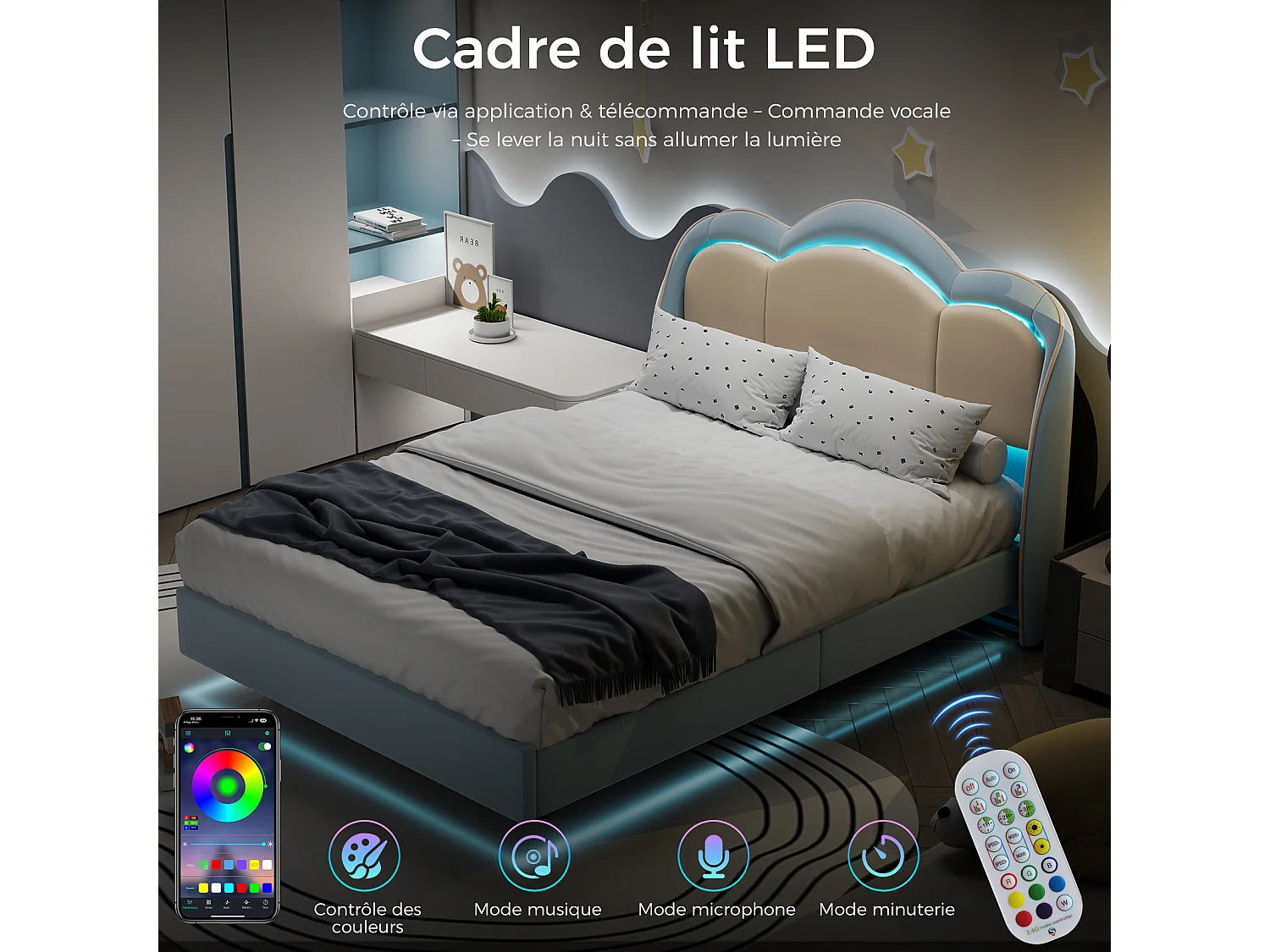 Lit enfant 140x200 cm rose, assemblage facile, avec LED multicolores, tête de lit nuage originale