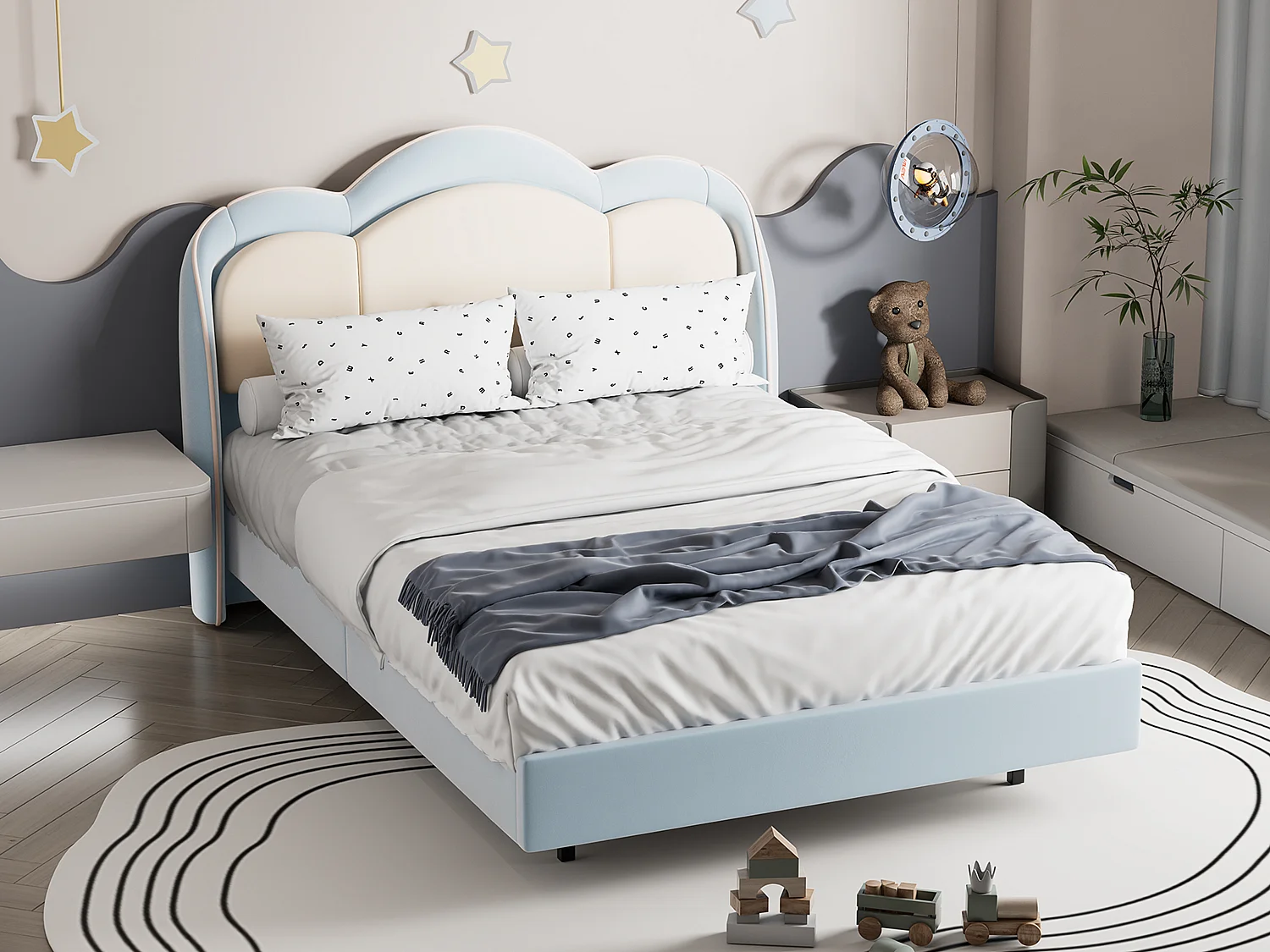 Lit enfant 90x200 cm Bleu, assemblage facile, avec LED multicolores, tête de lit nuage originale