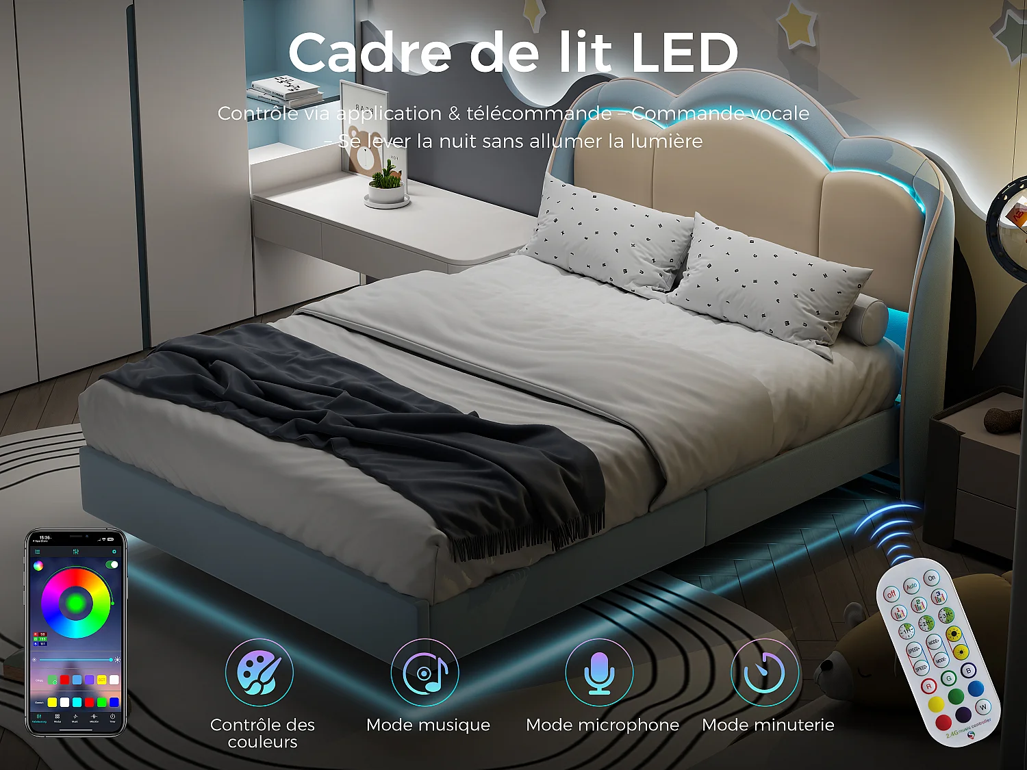 Lit enfant 90x200 cm Bleu, assemblage facile, avec LED multicolores, tête de lit nuage originale