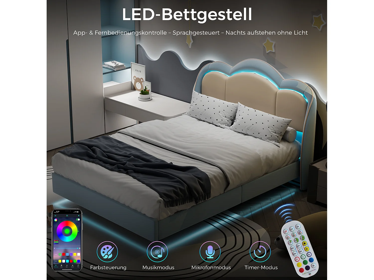 Kinderbett 140 x 200 cm, rosa, einfacher Aufbau, mit mehrfarbigen LEDs, originelles Wolken-Kopfteil