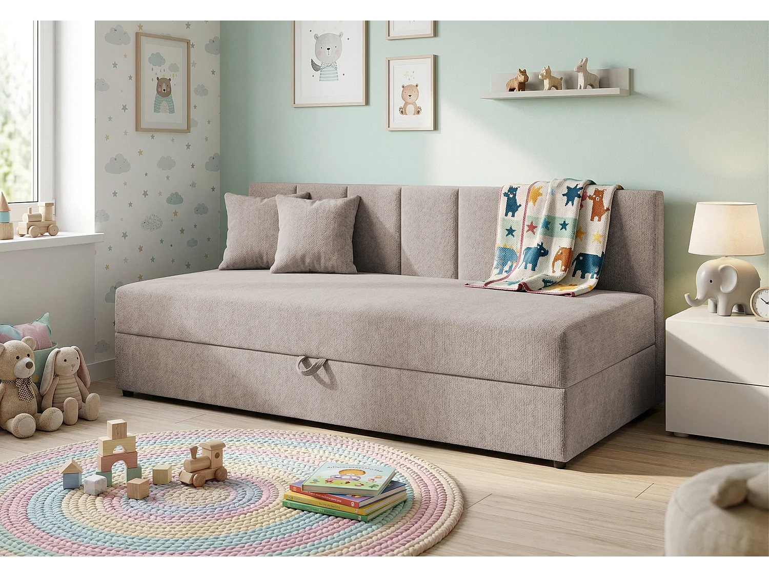 Lit d’appoint avec dossier et grand coffre de rangement en tissu chenille LENNY