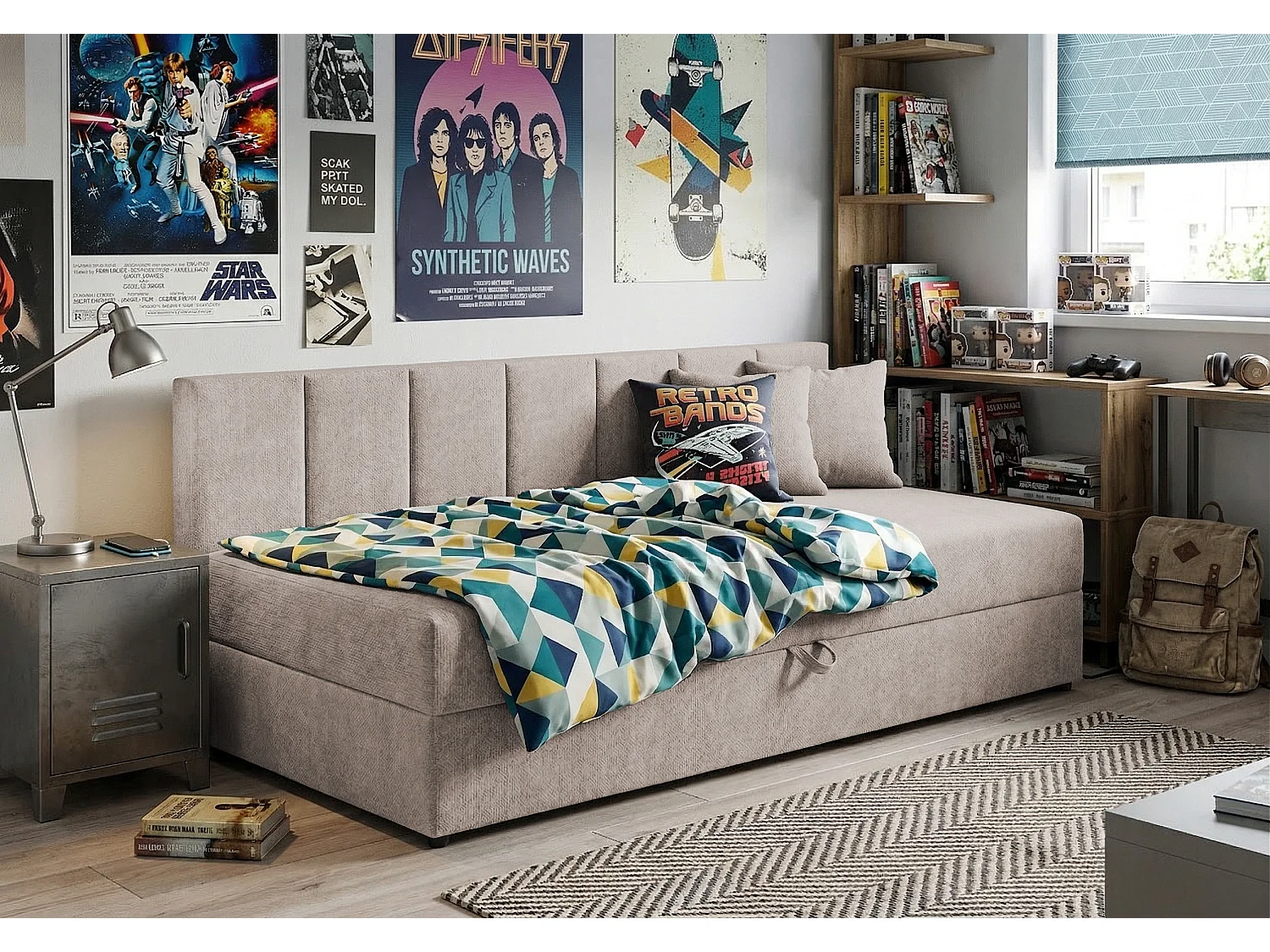 Lit d’appoint avec dossier et grand coffre de rangement en tissu chenille LENNY