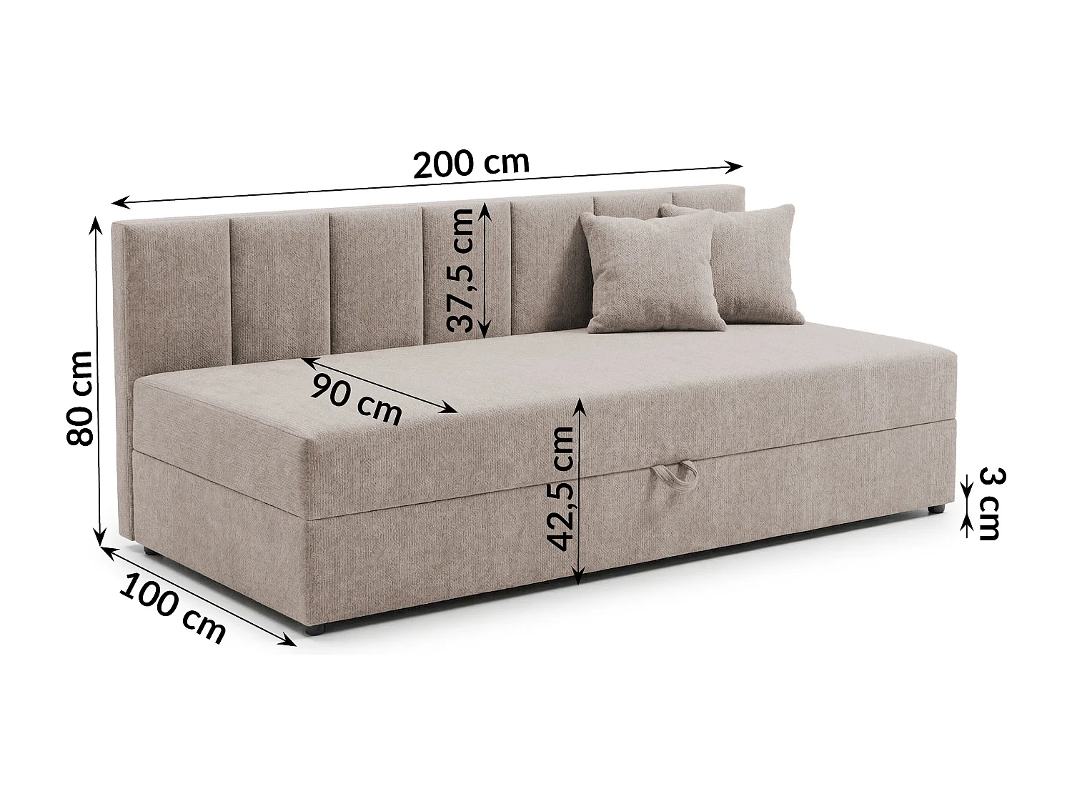 Lit d’appoint avec dossier et grand coffre de rangement en tissu chenille LENNY