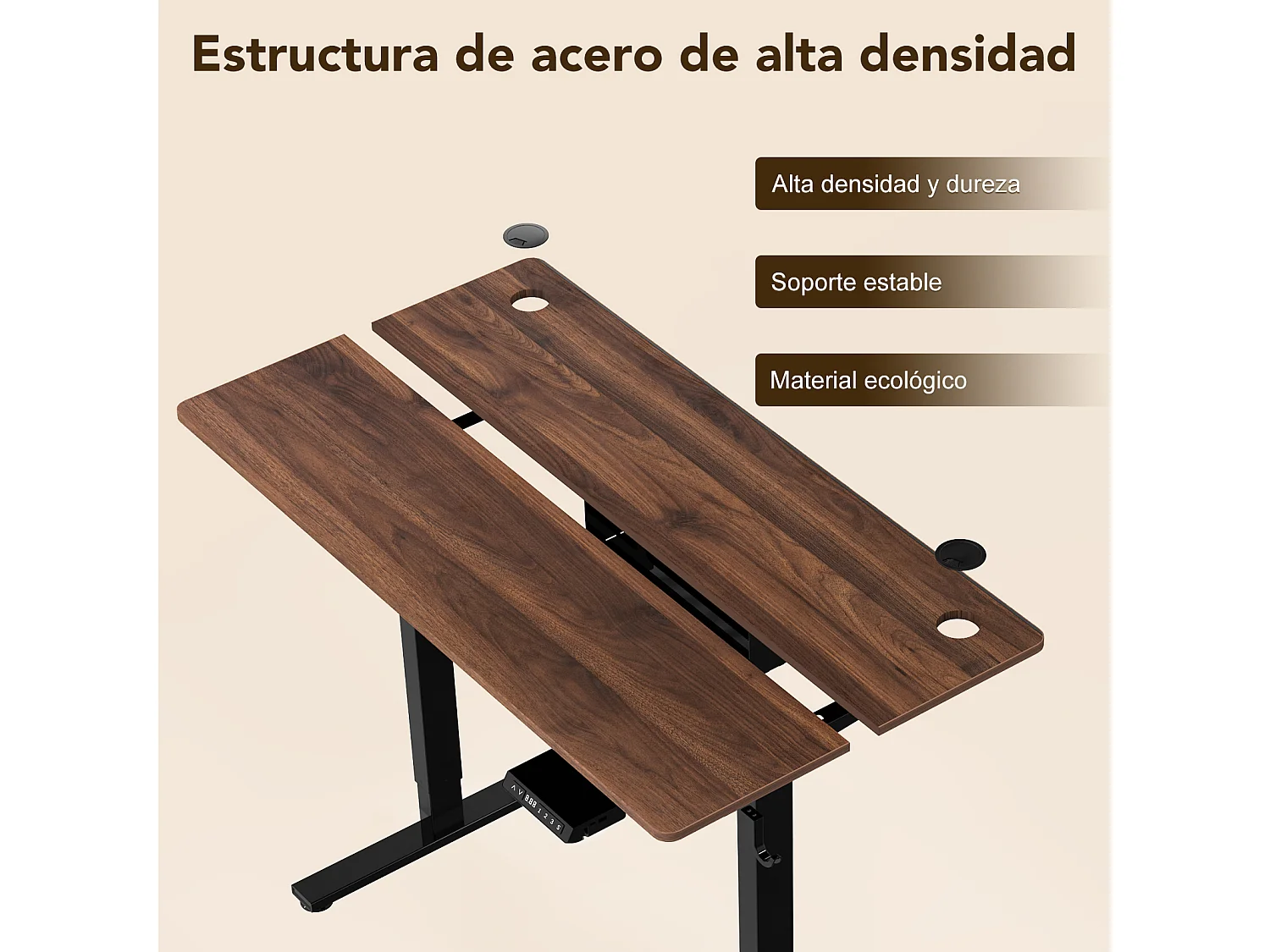 Escritorio eléctrico de pie y sentado 180x80 cm–Altura ajustable–Memoria y sistema anti-colisión–Puertos USB-A y Tipo-C–Acabado en madera de nogal