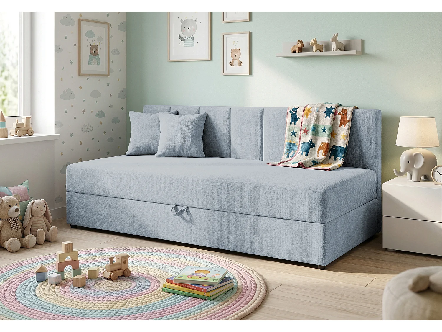 Lit d’appoint avec dossier et grand coffre de rangement en tissu chenille LENNY