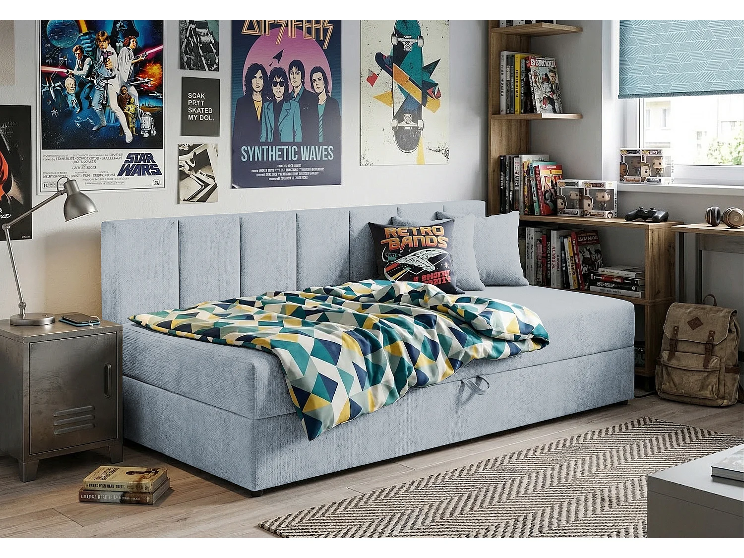 Lit d’appoint avec dossier et grand coffre de rangement en tissu chenille LENNY