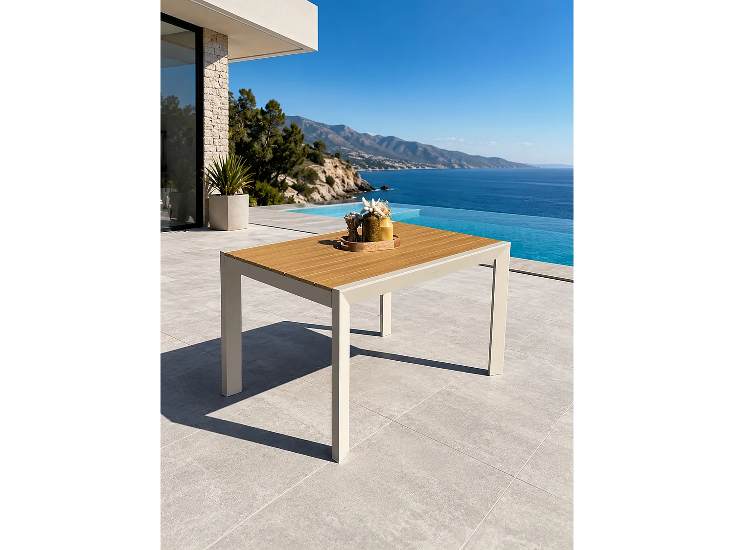 Table de jardin en alu plateau polywood  aspect bois - Grège - TONGA