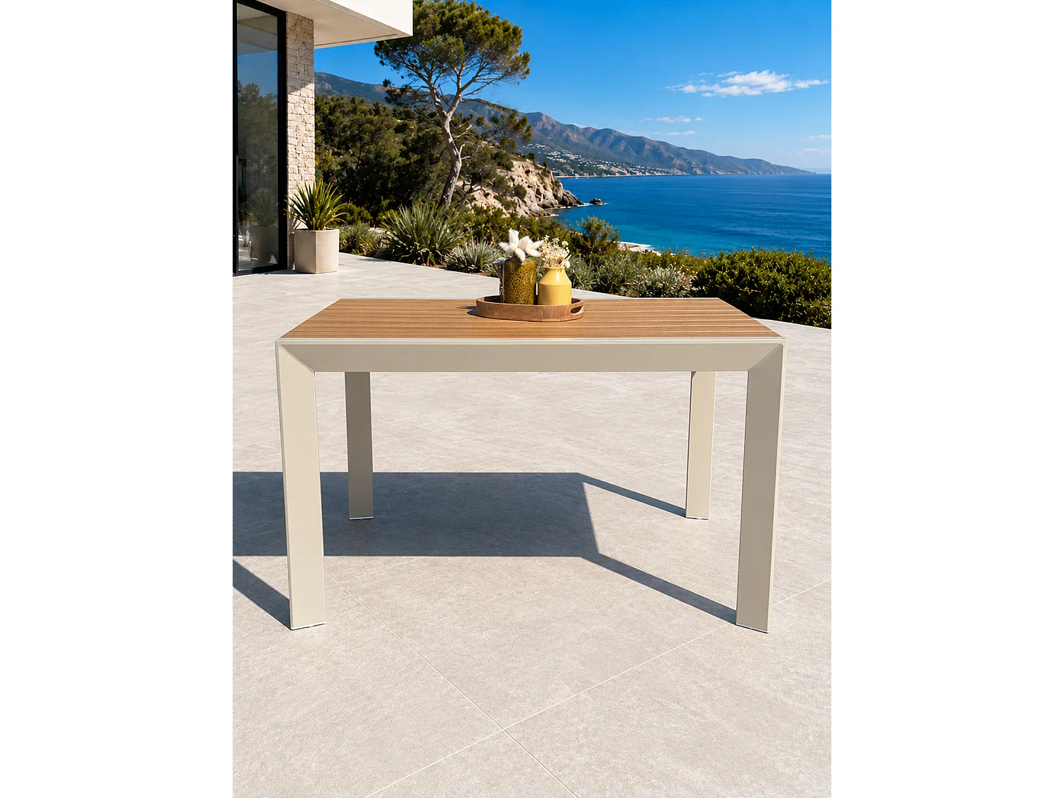 Table de jardin en alu plateau polywood  aspect bois - Grège - TONGA