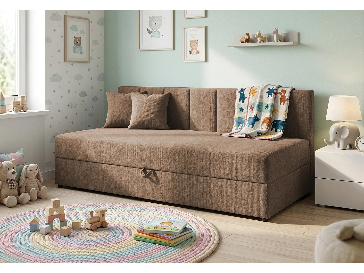 Lit d’appoint avec dossier et grand coffre de rangement en tissu chenille LENNY