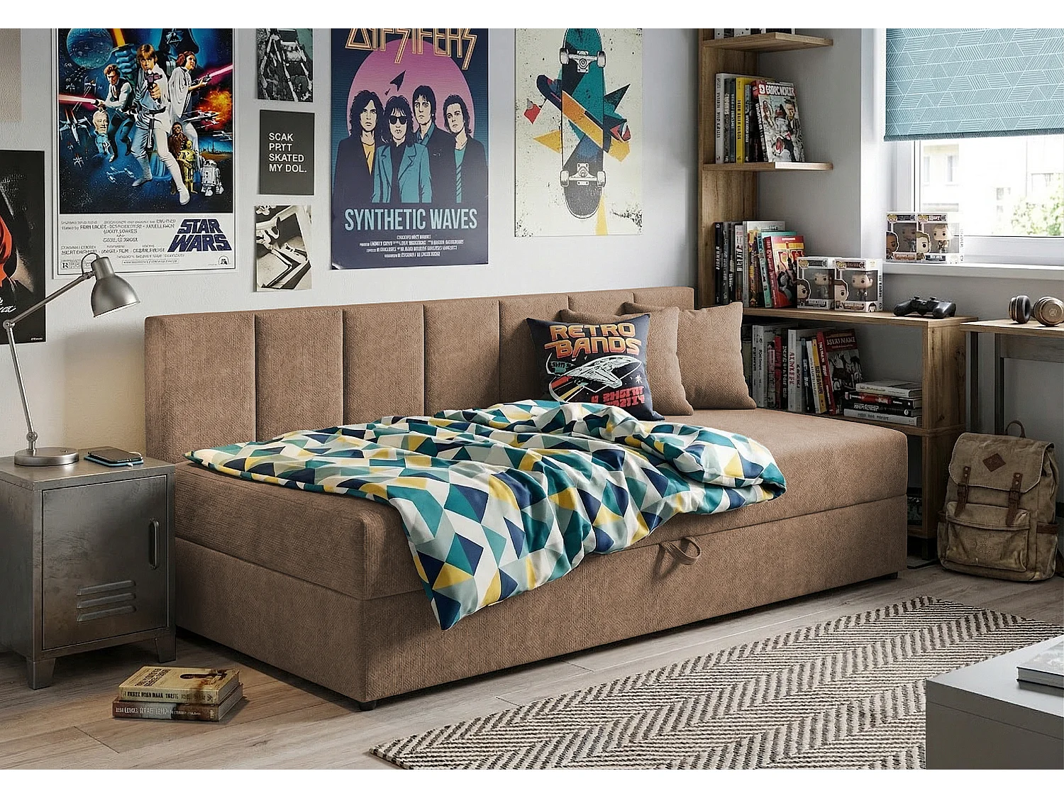 Lit d’appoint avec dossier et grand coffre de rangement en tissu chenille LENNY