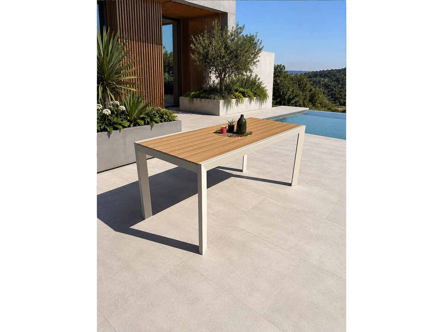 Table de jardin en alu plateau polywood  aspect bois - Grège - TONGA