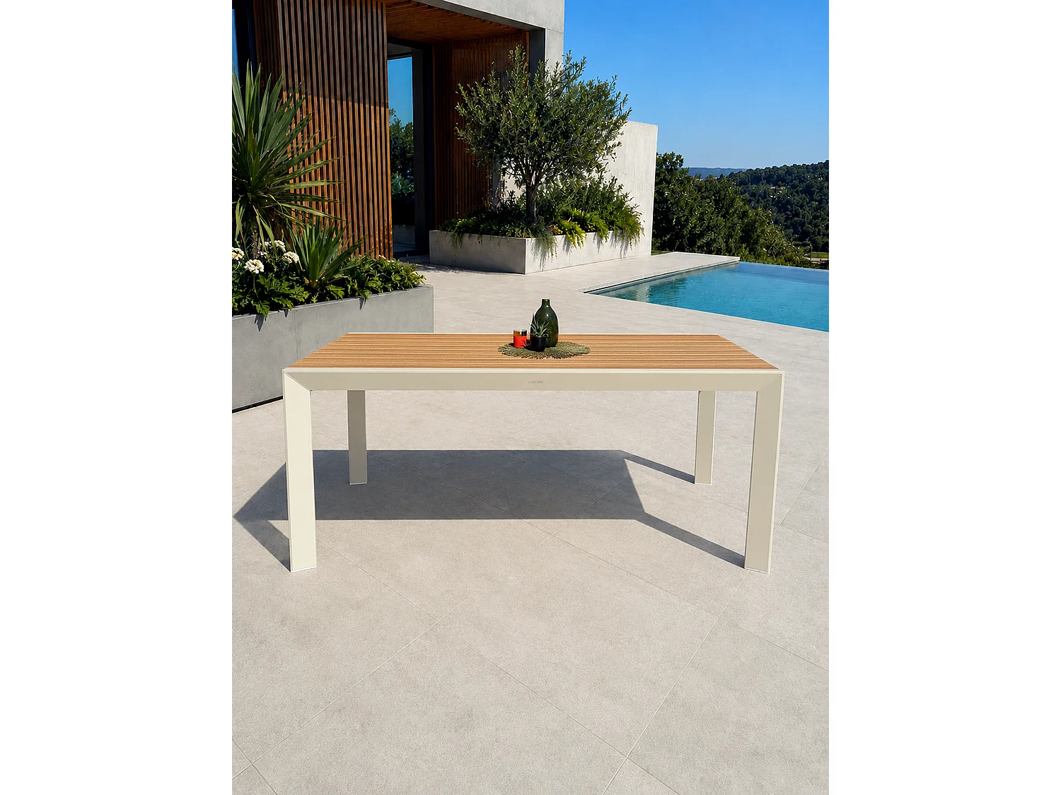 Table de jardin en alu plateau polywood  aspect bois - Grège - TONGA
