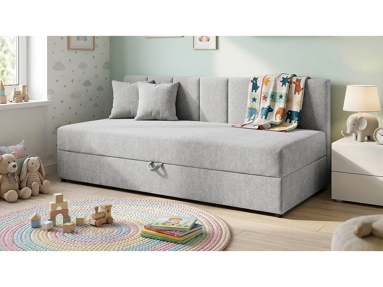 Lit d’appoint avec dossier et grand coffre de rangement en tissu chenille LENNY